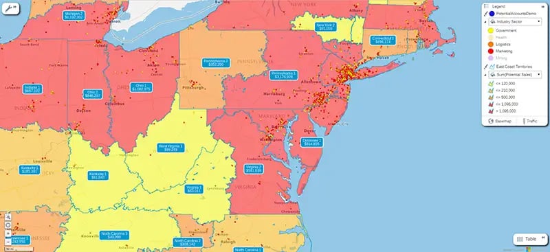 Territories map, east coast USA