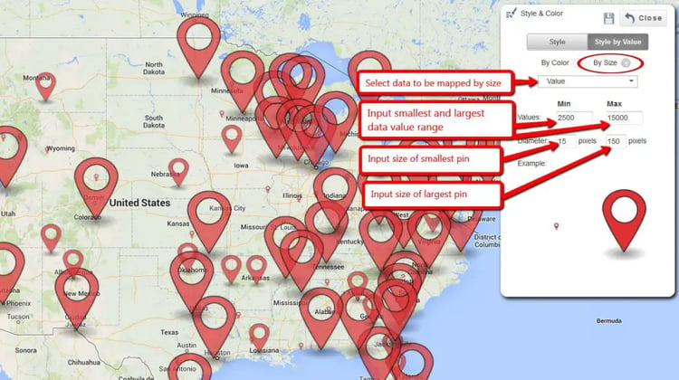 Map values by pin size