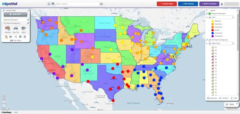 Customer addresses color coded by territory