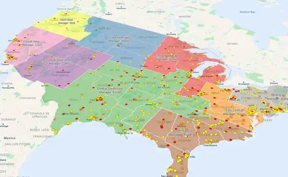 US territory map with pins representing addresses