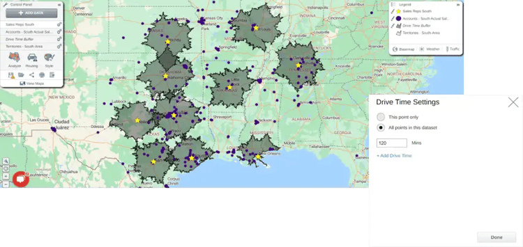 Drive-time customer locations