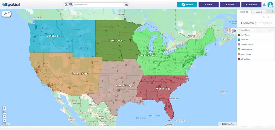 Territory map with customer locations overlaid onto the territories