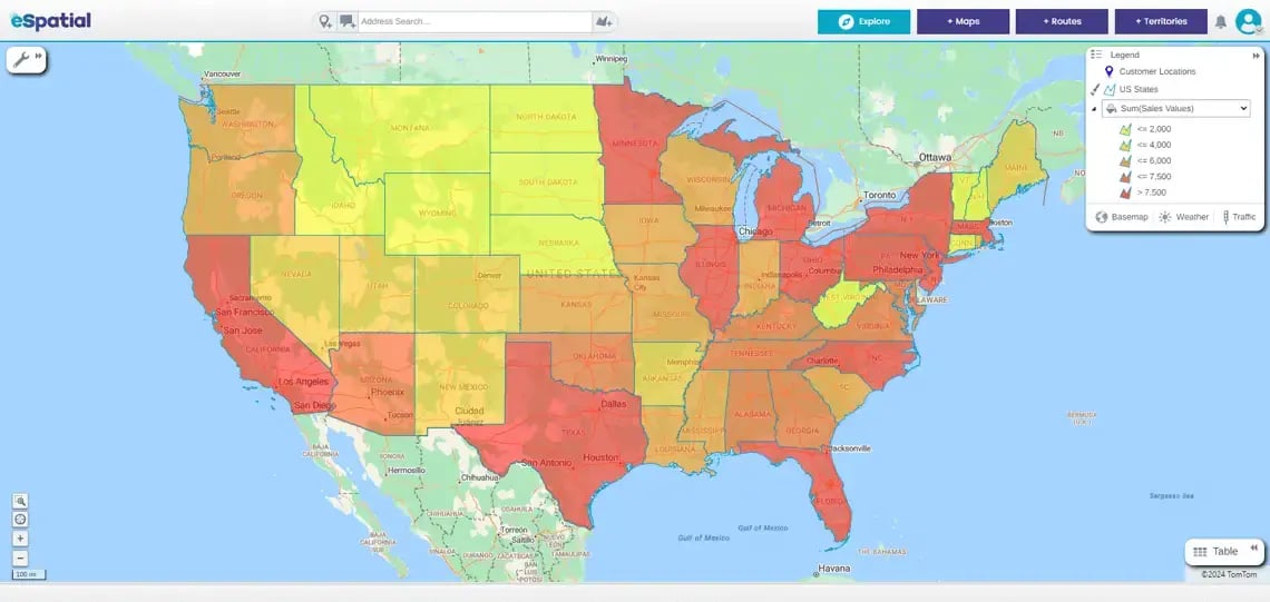 US regional heat map identifying locations for offices and distribution centers