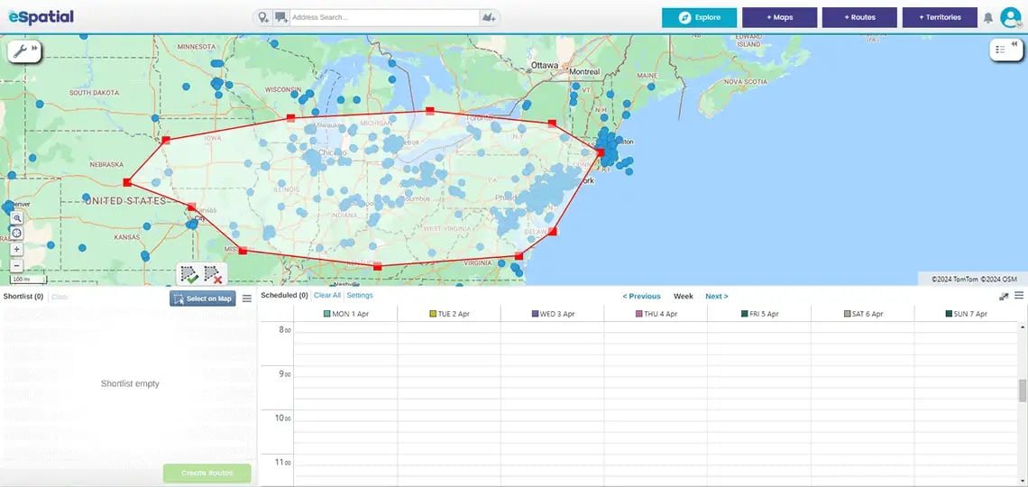 Lasso tool on a route map