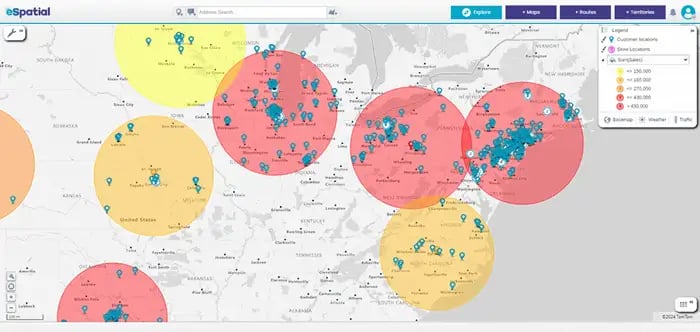 Radius analysis tool showing customer locations