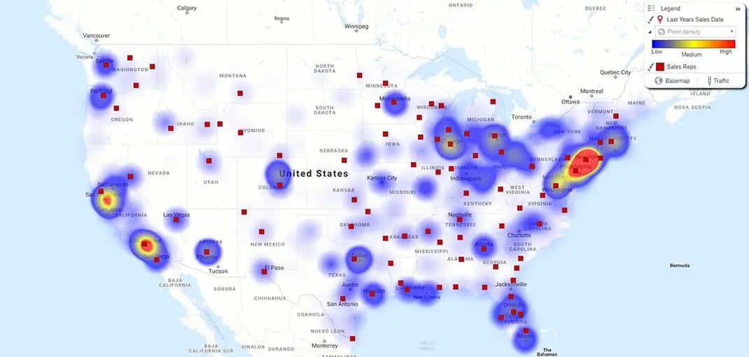 Hot spot heat map o sales volume overlaid with sales reps