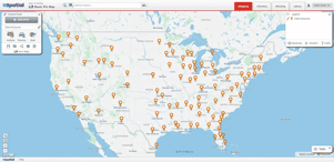 A pin geo map of warehouse locations in the US