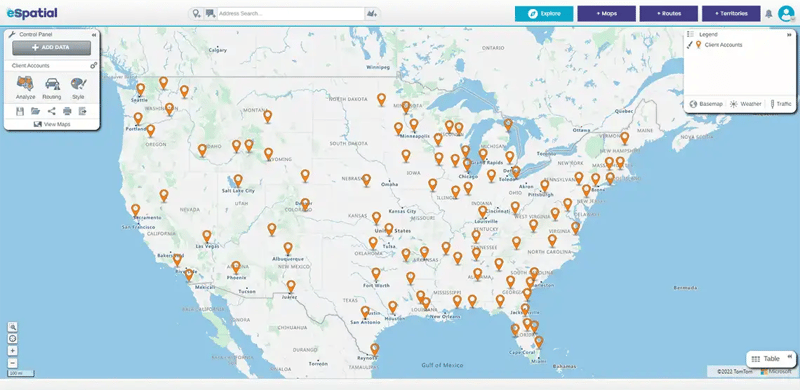 A pin geo map of warehouse locations in the US