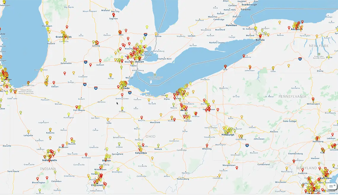 Pin map showing customer locations