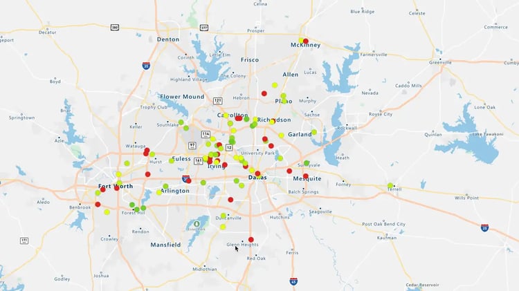 Pin map showing customers in Dallas