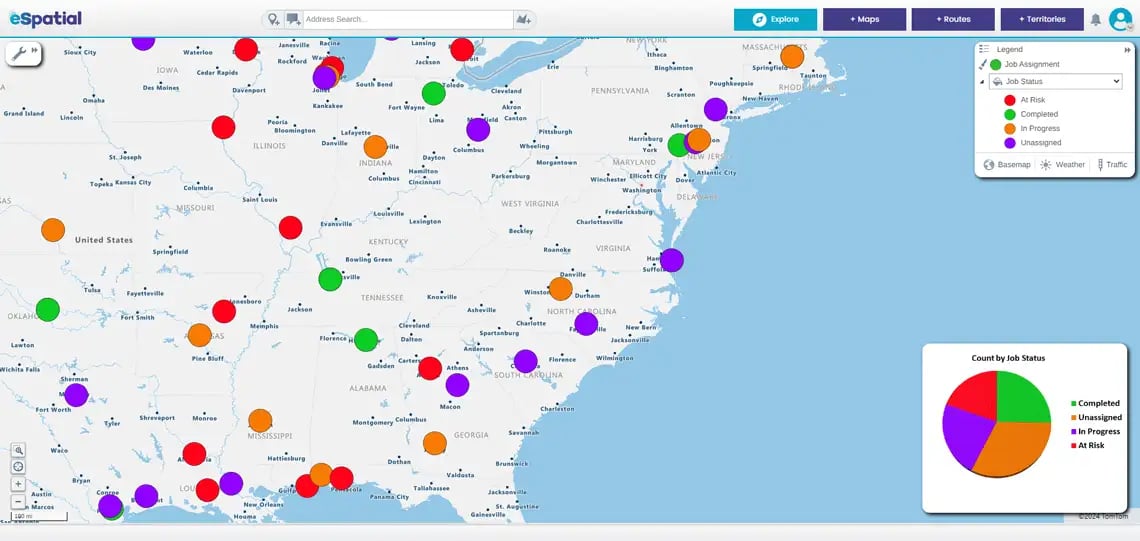 Pin map of job statuses