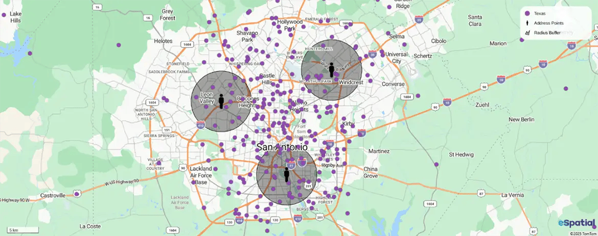 Pin map with distance radius overlay