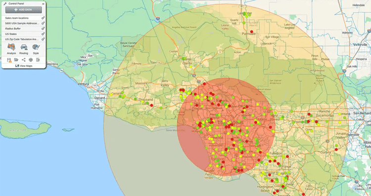 Proximity map with separate 25 and 50 mile radiuses