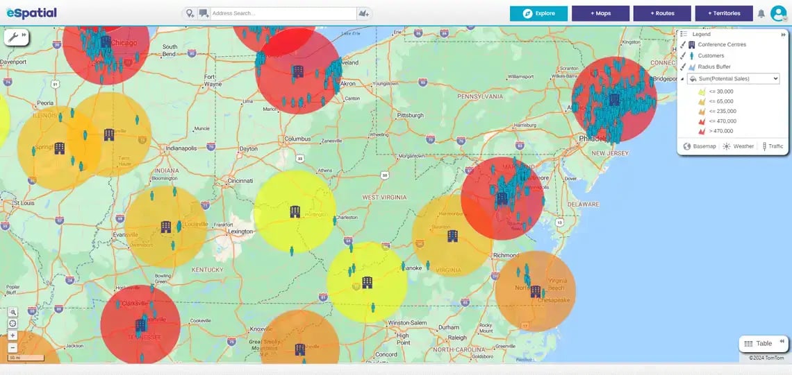 Radius map of attendees to event locations