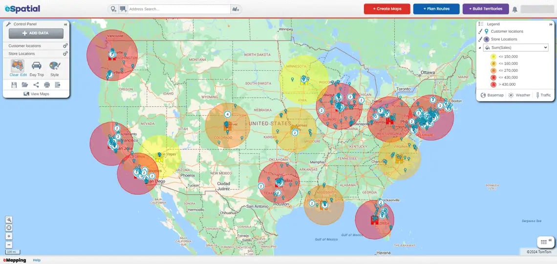 Radius map of the US