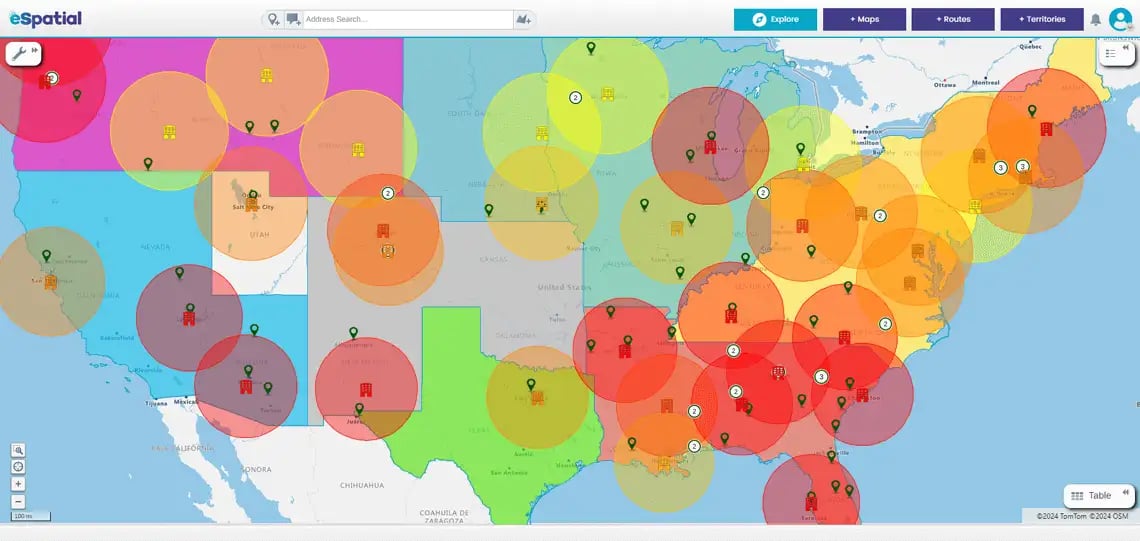 Property radius map overlayed onto territories