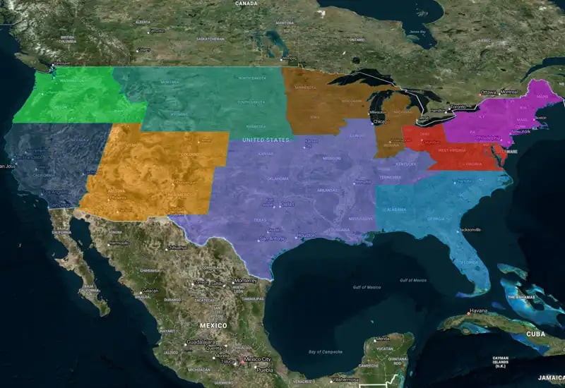 Regional heat map of the USA