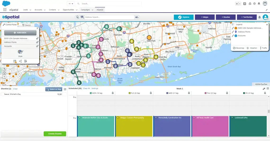 eSpatial integration with Salesforce showing a route map