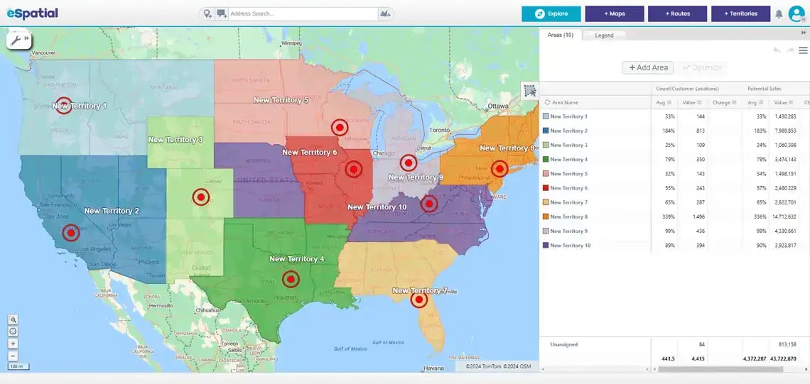 Territory centers visually represented on a US map