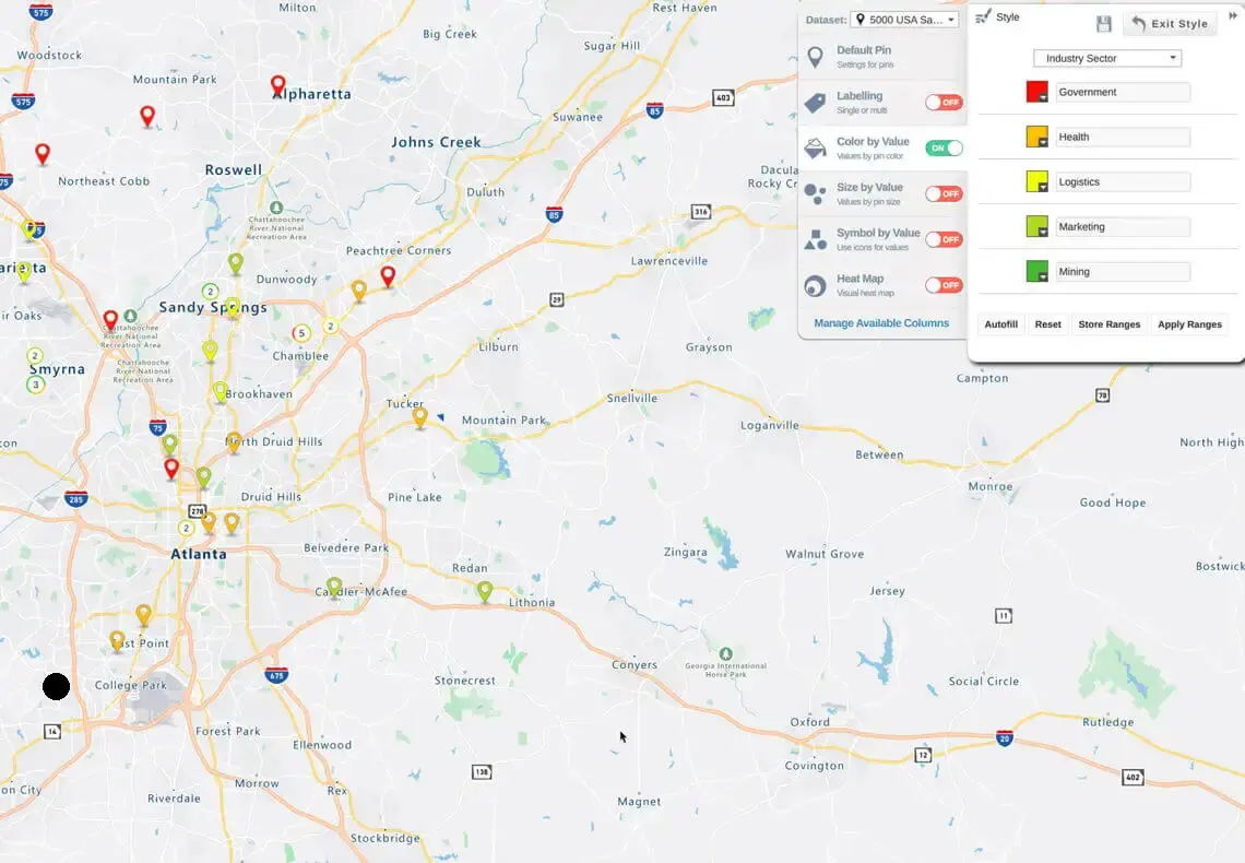 Pin map - Color code by industry