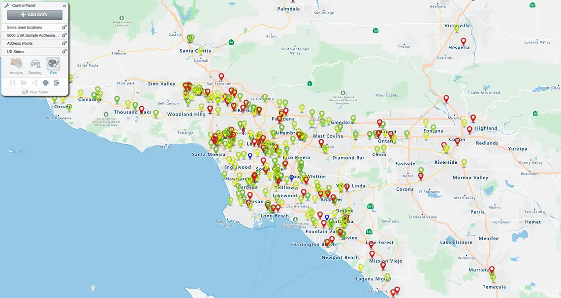 Color-coded map of customers by type in California