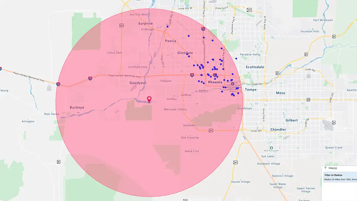 Radius map of contractors within 20 miles