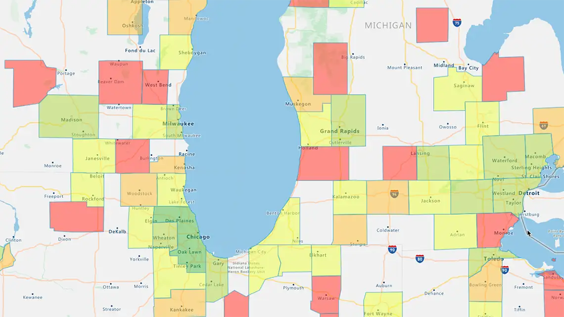 Regional heatmap product sales by county