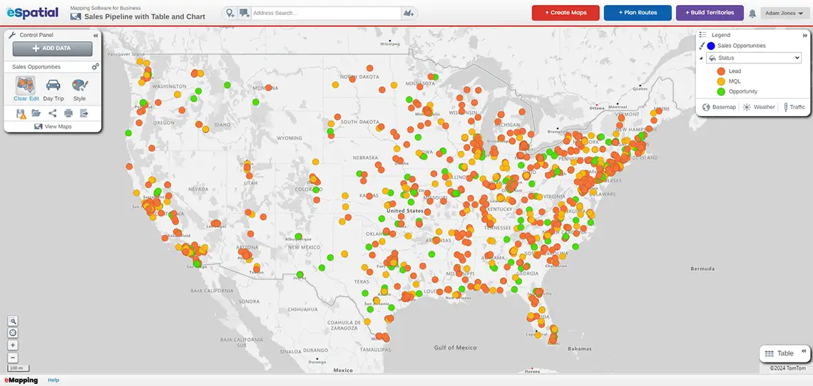 Sales pipeline illustrated with pin map