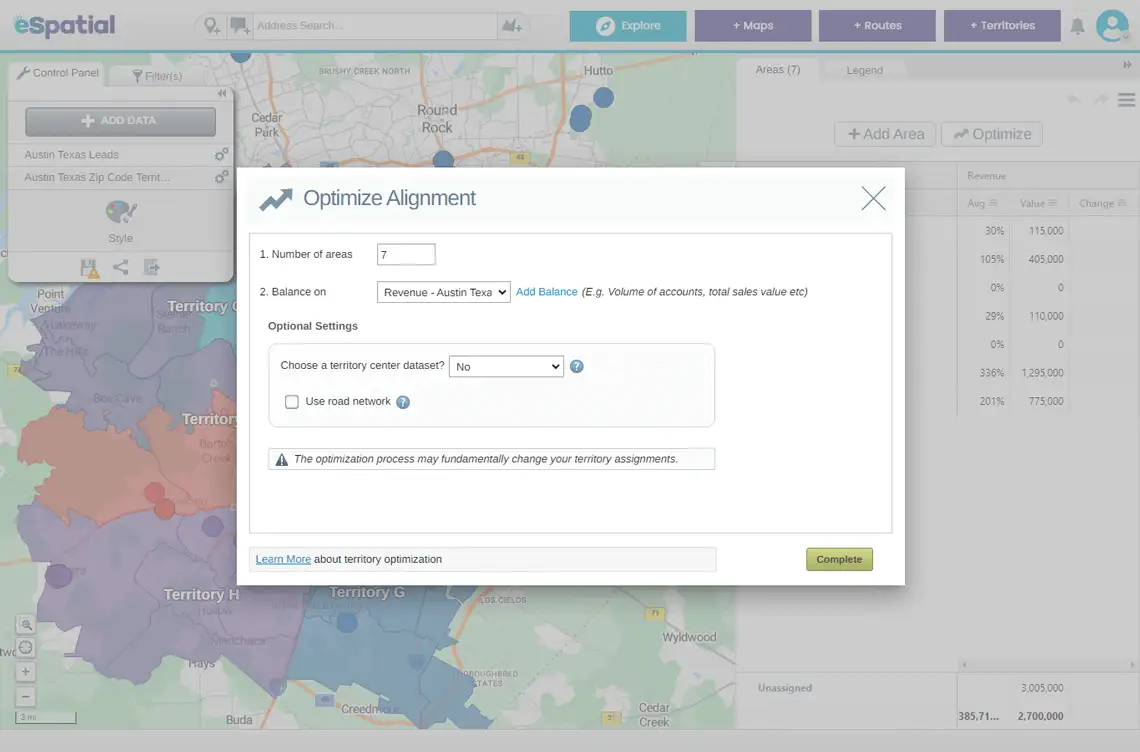 Territory optimizer alignment tool